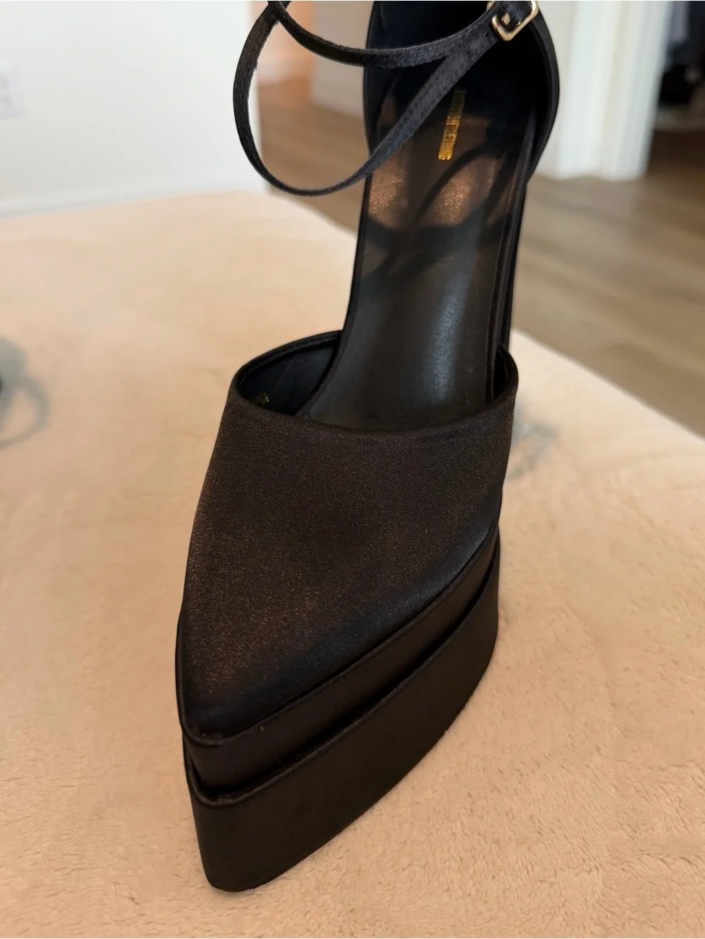 PrettyLittleThing Satin Double Platform Pointed Black Heels
